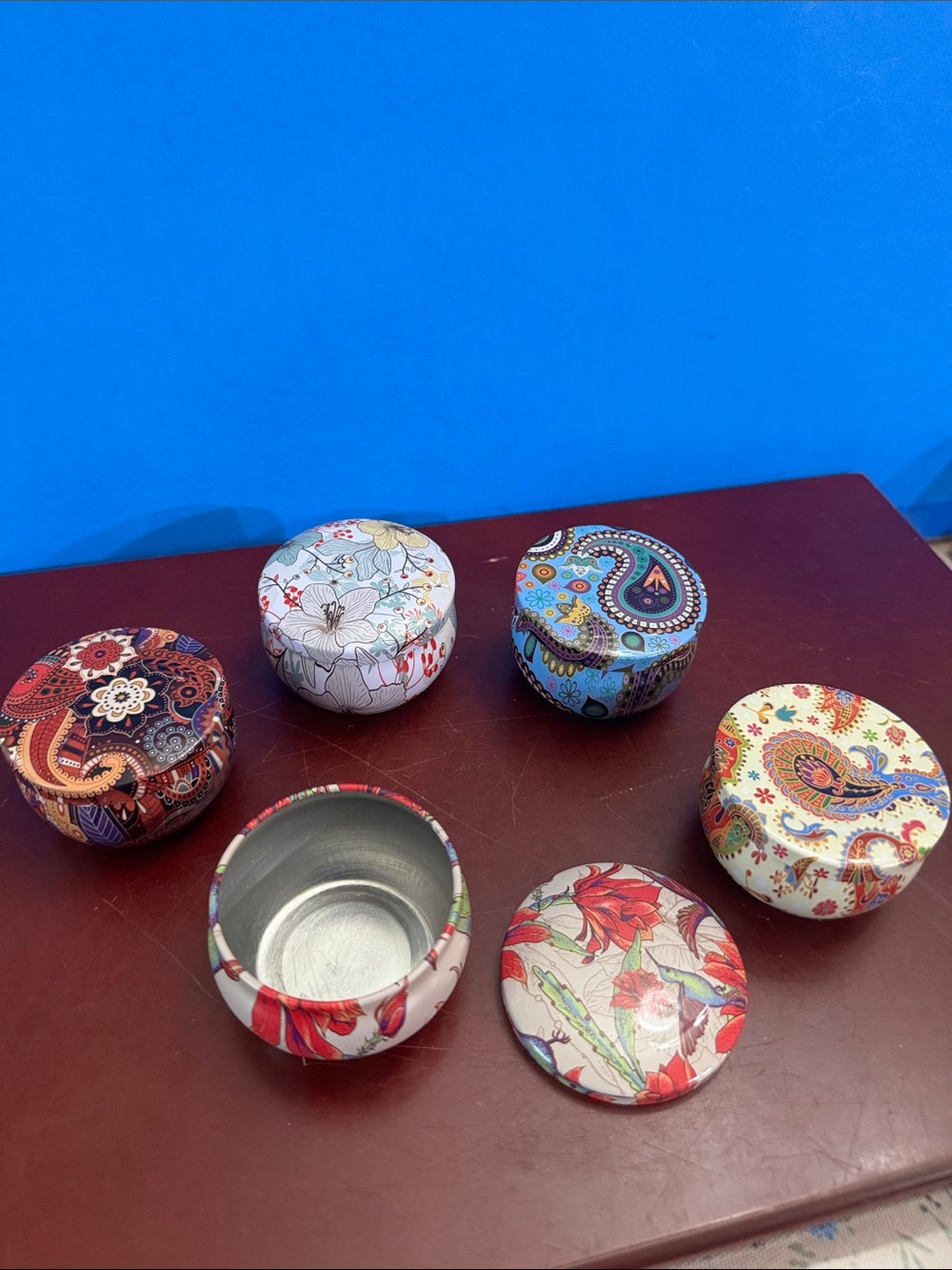 Set of 5 Floral & Paisley 2.5 oz Patterned Round Tins- empty soy wax tin